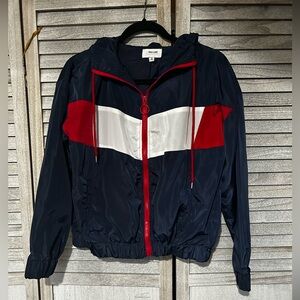 NEW LOOK Blue Red White Windbreaker Jacket Zipper Hoodie Women’s Size Medium